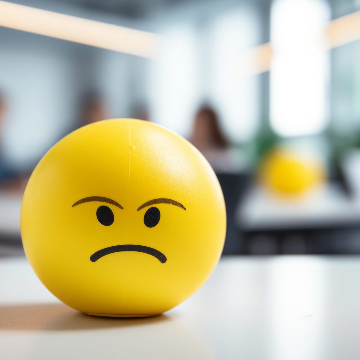 Smiley giallo triste su sfondo di ufficio come simbolo dei tagli di posti di lavoro presso PostNetz